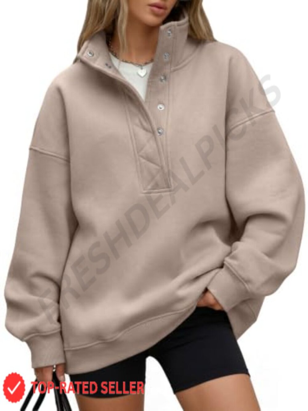Oversized Cotton Blend Sweatshirt Snap Henley Collar Pullover